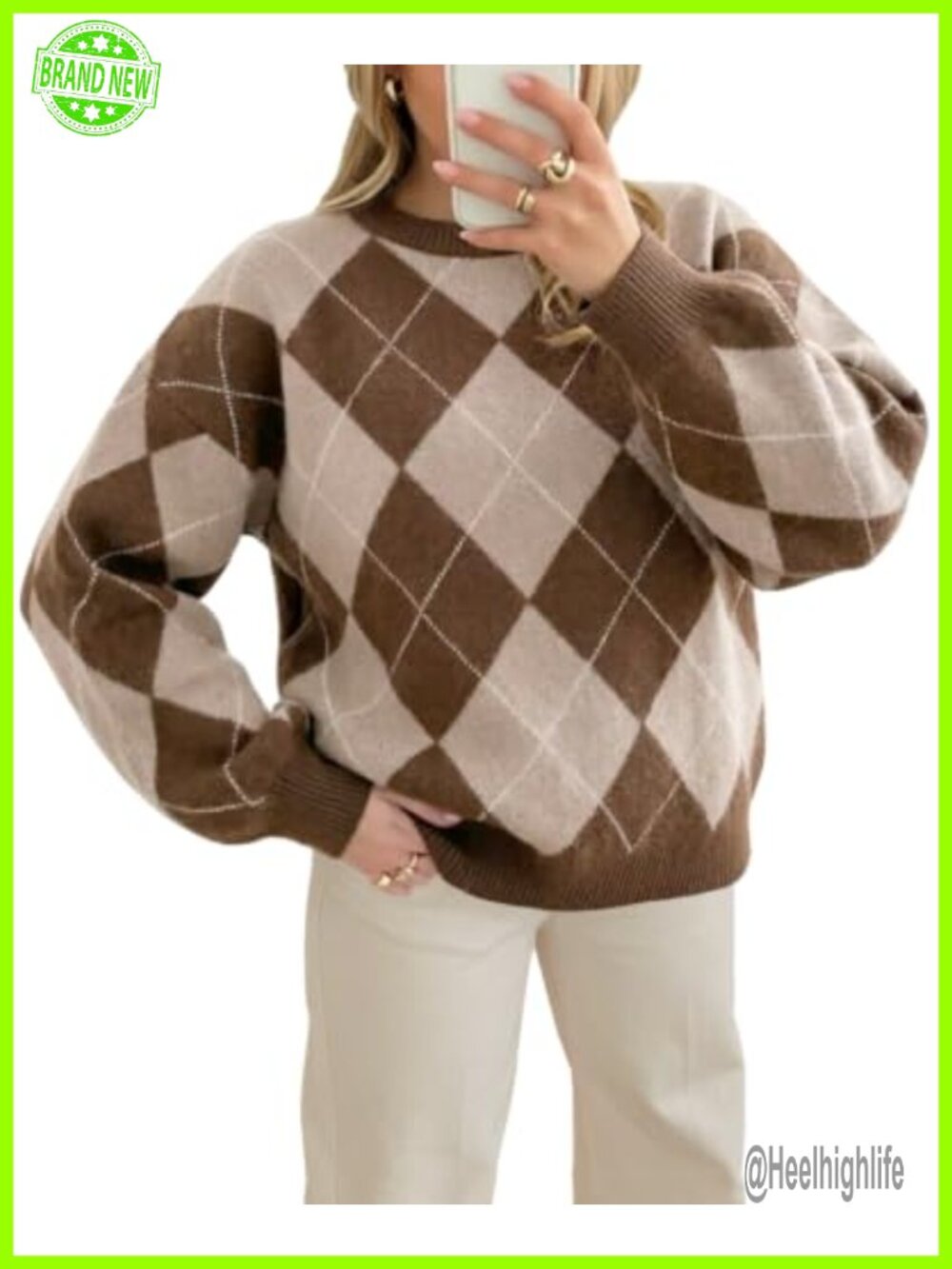 Saodimallsu Argyle Plaid Sweater Crew Neck Loose Preppy Knit Pullover